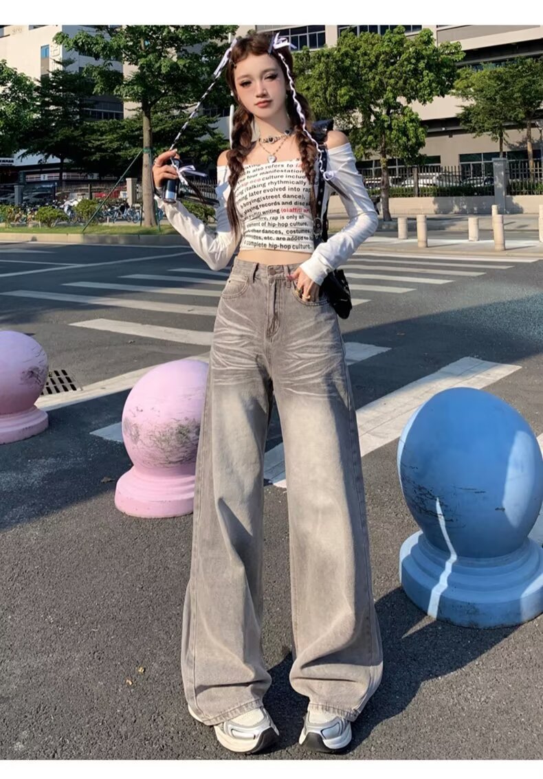 American Retro Loose Fit Wide Leg Denim Pants for Women