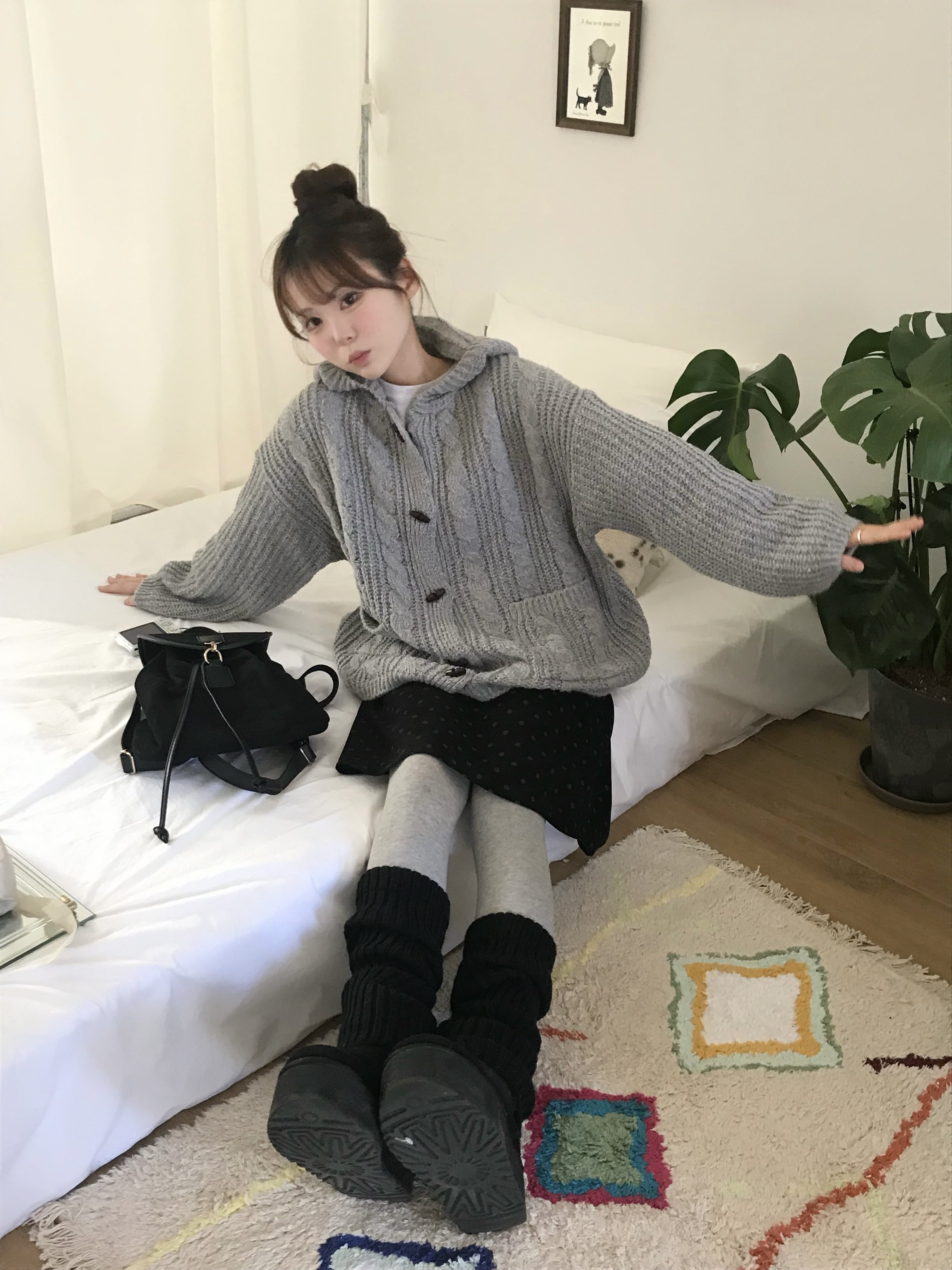 Women's Gray Hooded Button Knit Sweater Jacket