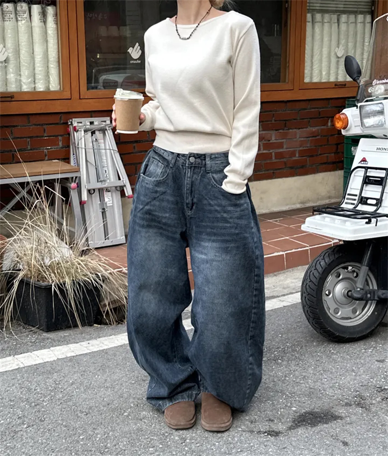 Women?s Retro Washed Wide-Leg Buttoned Hem Denim Jeans