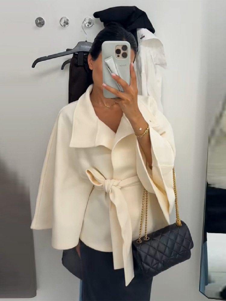 Women's Stand Collar Tie-Up Cropped Jacket Loose Fit Casual