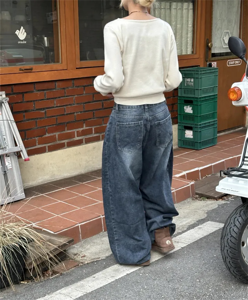 Women?s Retro Washed Wide-Leg Buttoned Hem Denim Jeans