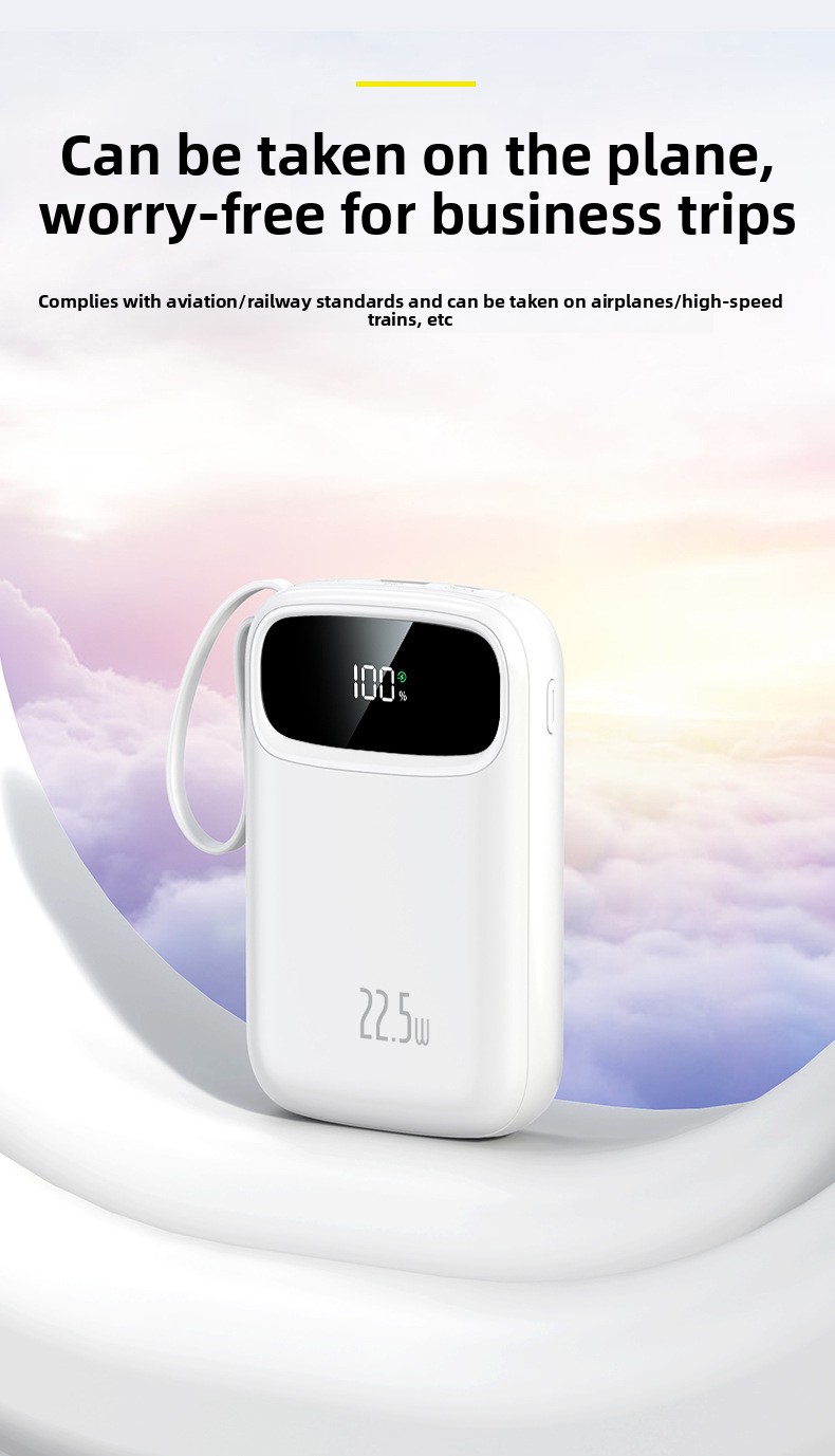 Large-capacity, compact power bank with built-in cable