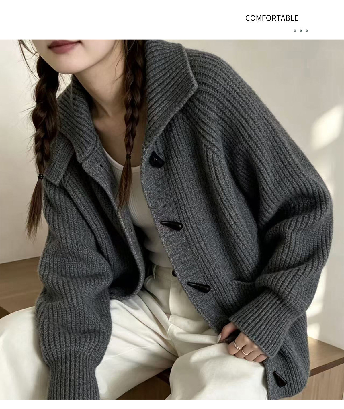 Women Knitted High Collar Cardigan Horn Button Thick Sweater