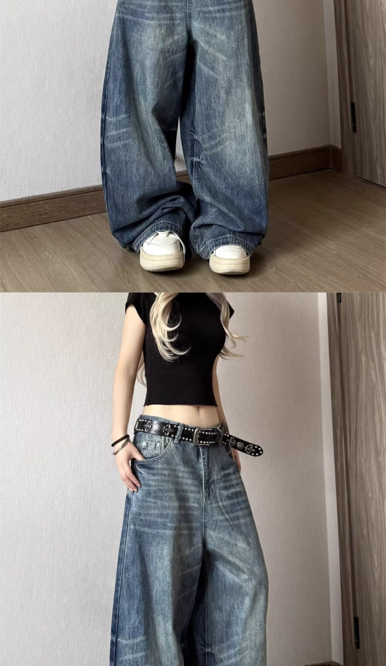 Vintage Distressed High-Waist Wide-Leg Floor-Length Denim Pants for Women