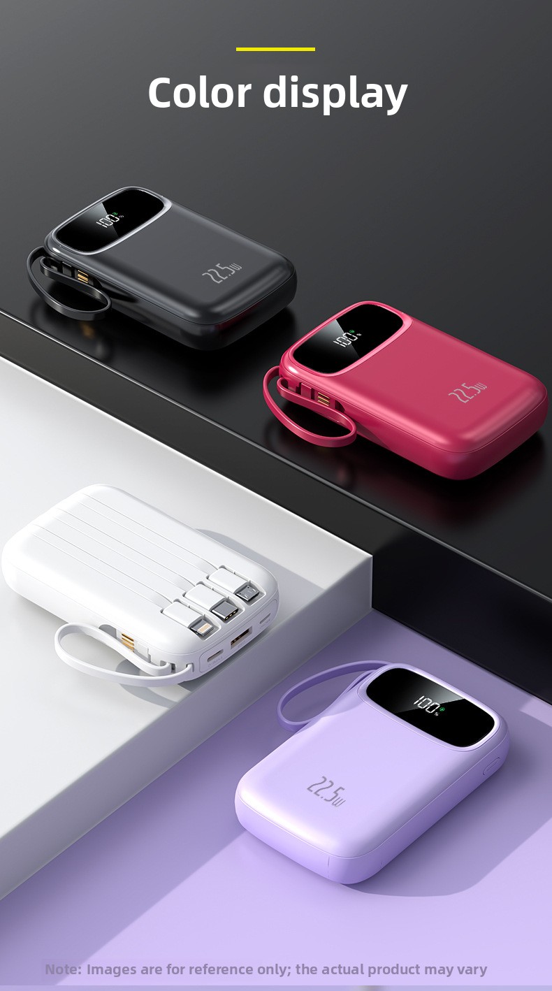 Large-capacity, compact power bank with built-in cable