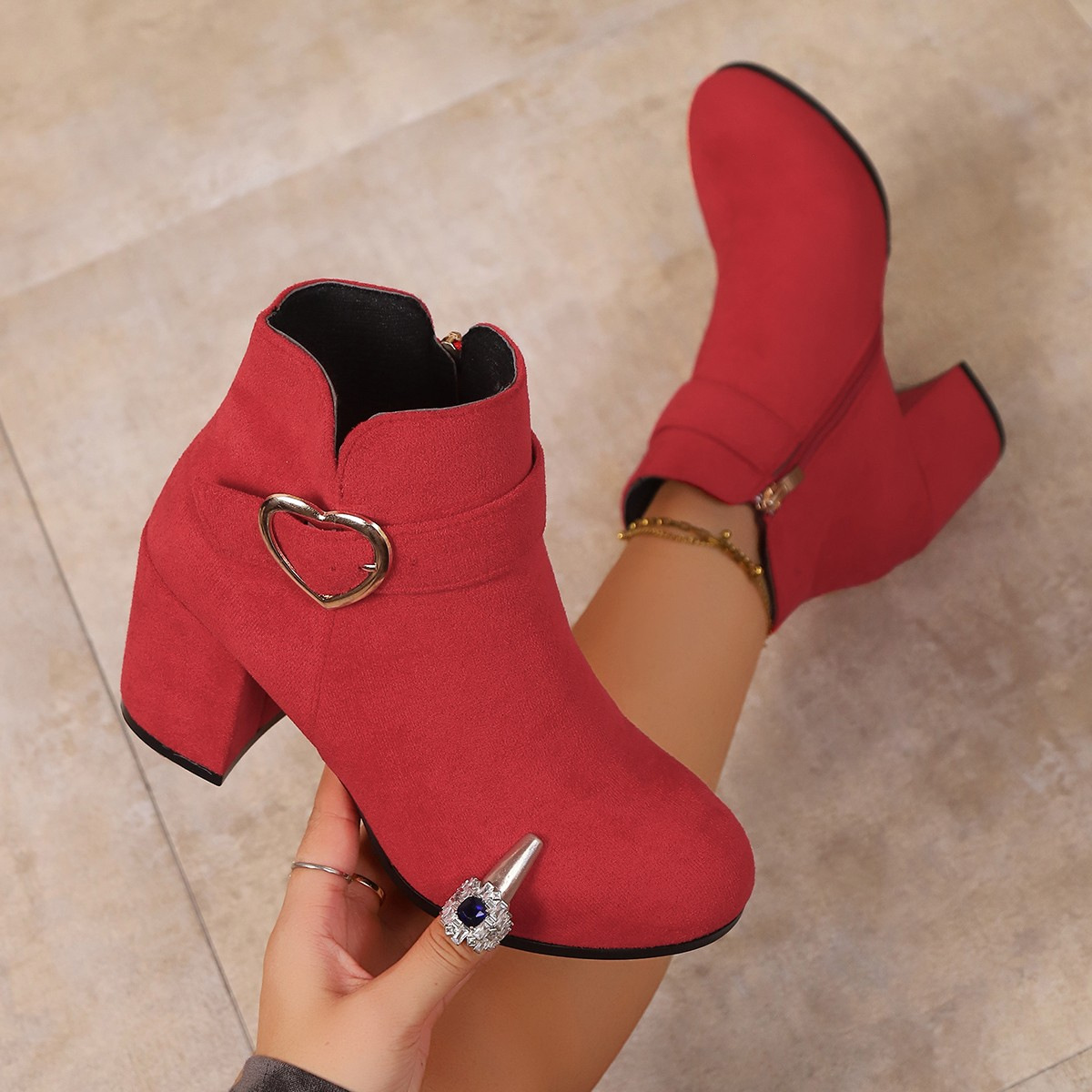 Women's Suede Thick Heel Boots with Metal Buckle and Side Zipper