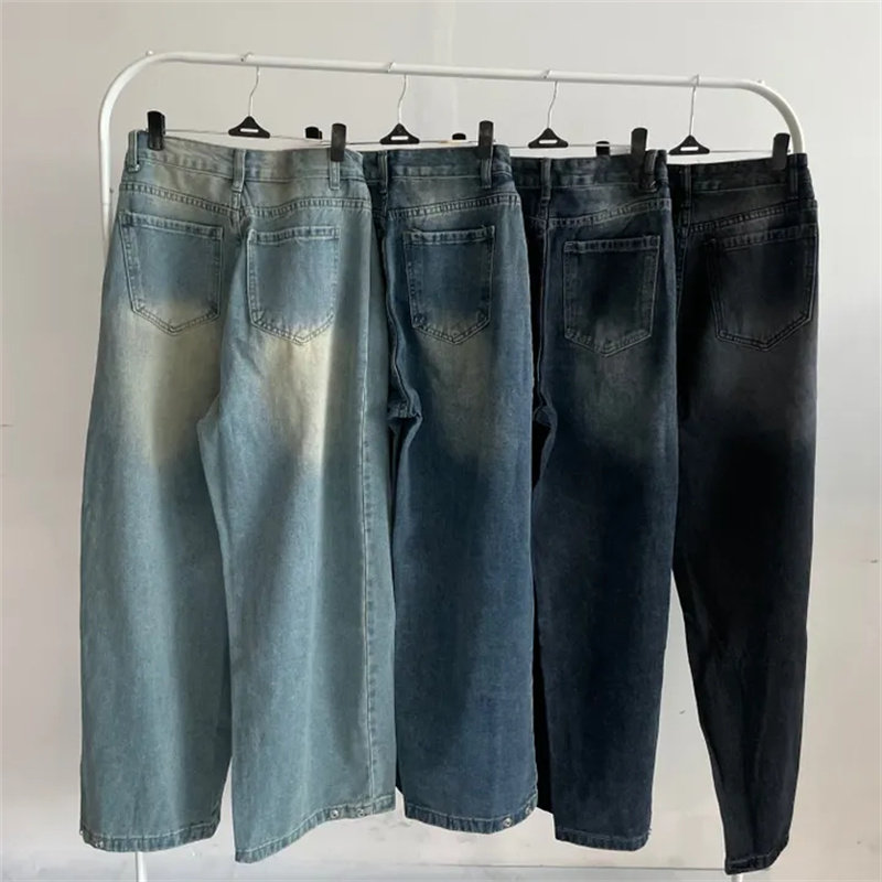 Vintage Washed Wide Leg Jeans with Ankle Button Detail