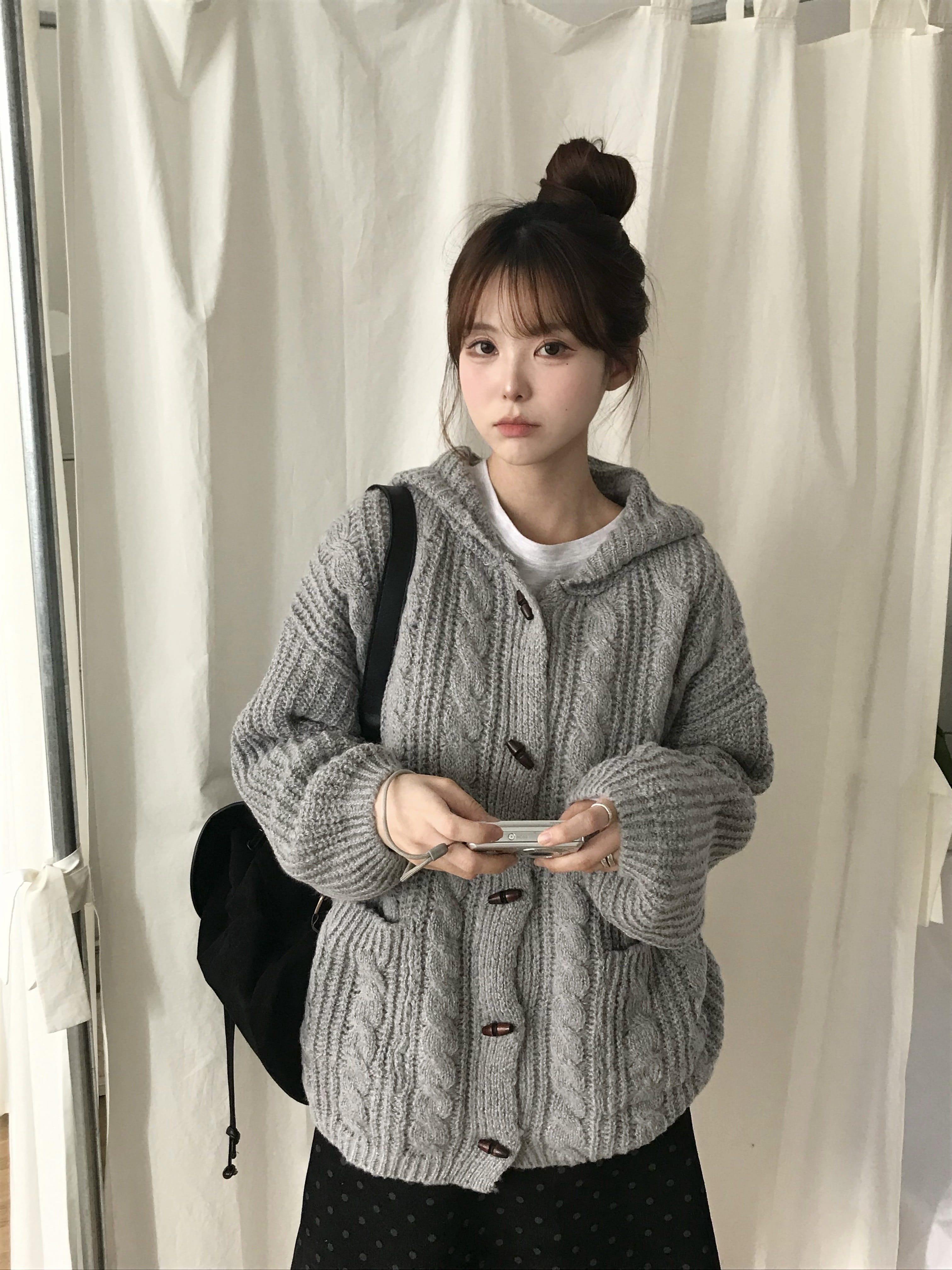 Women's Gray Hooded Button Knit Sweater Jacket