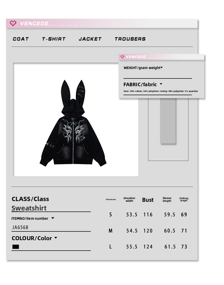 Women Y2K Pin Graffiti Rabbit Ears Hooded Sweatshirt Autumn Streetwear