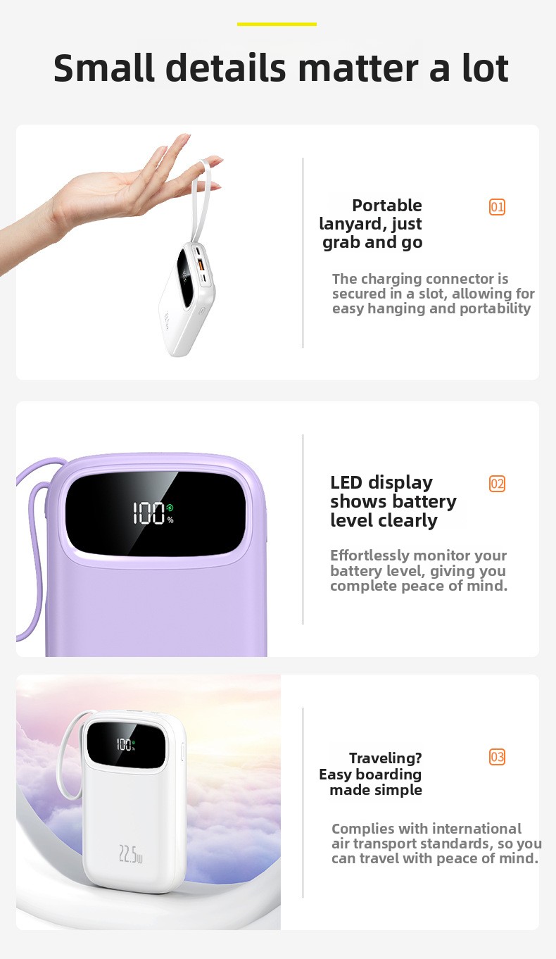 Large-capacity, compact power bank with built-in cable