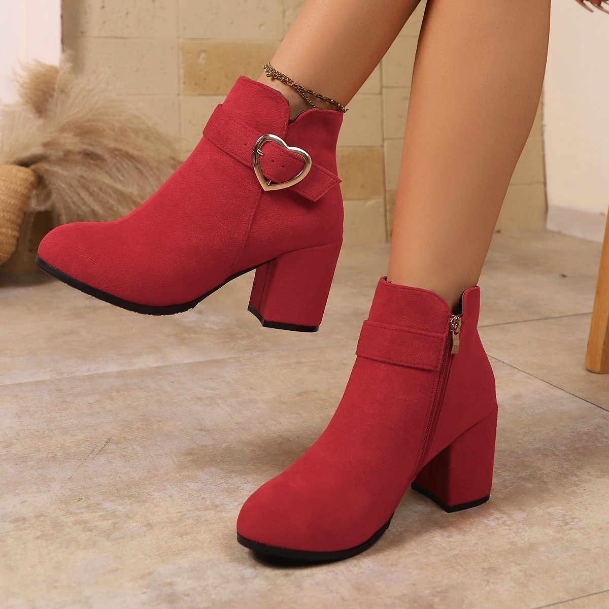 Women's Suede Thick Heel Boots with Metal Buckle and Side Zipper