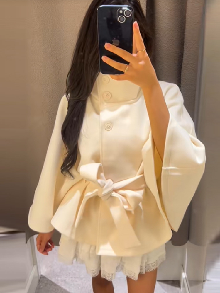 Women's Stand Collar Tie-Up Cropped Jacket Loose Fit Casual