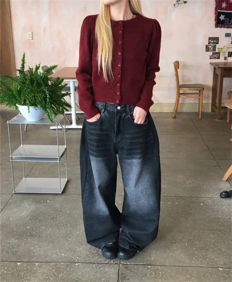 Women?s Retro Washed Wide-Leg Buttoned Hem Denim Jeans