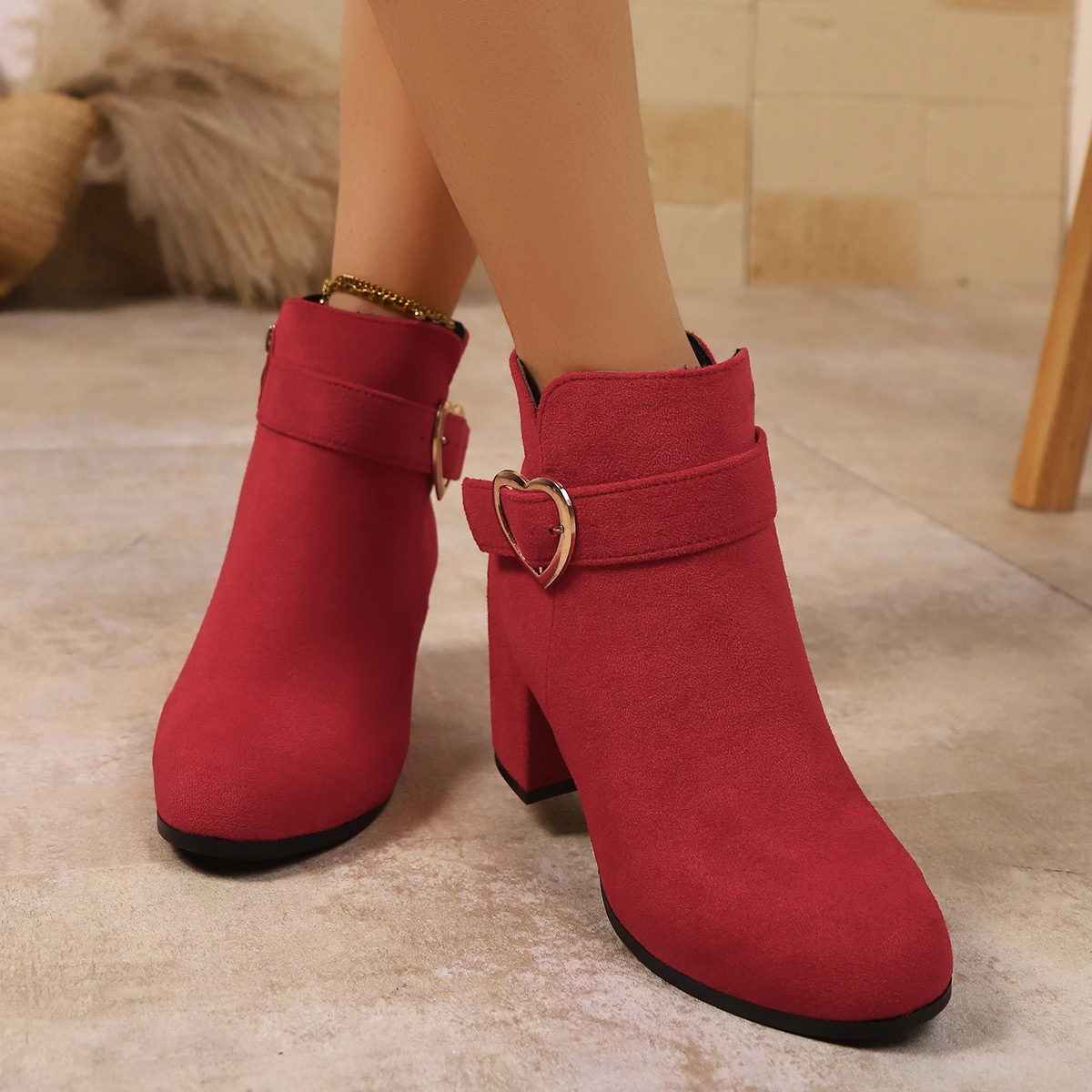 Women's Suede Thick Heel Boots with Metal Buckle and Side Zipper