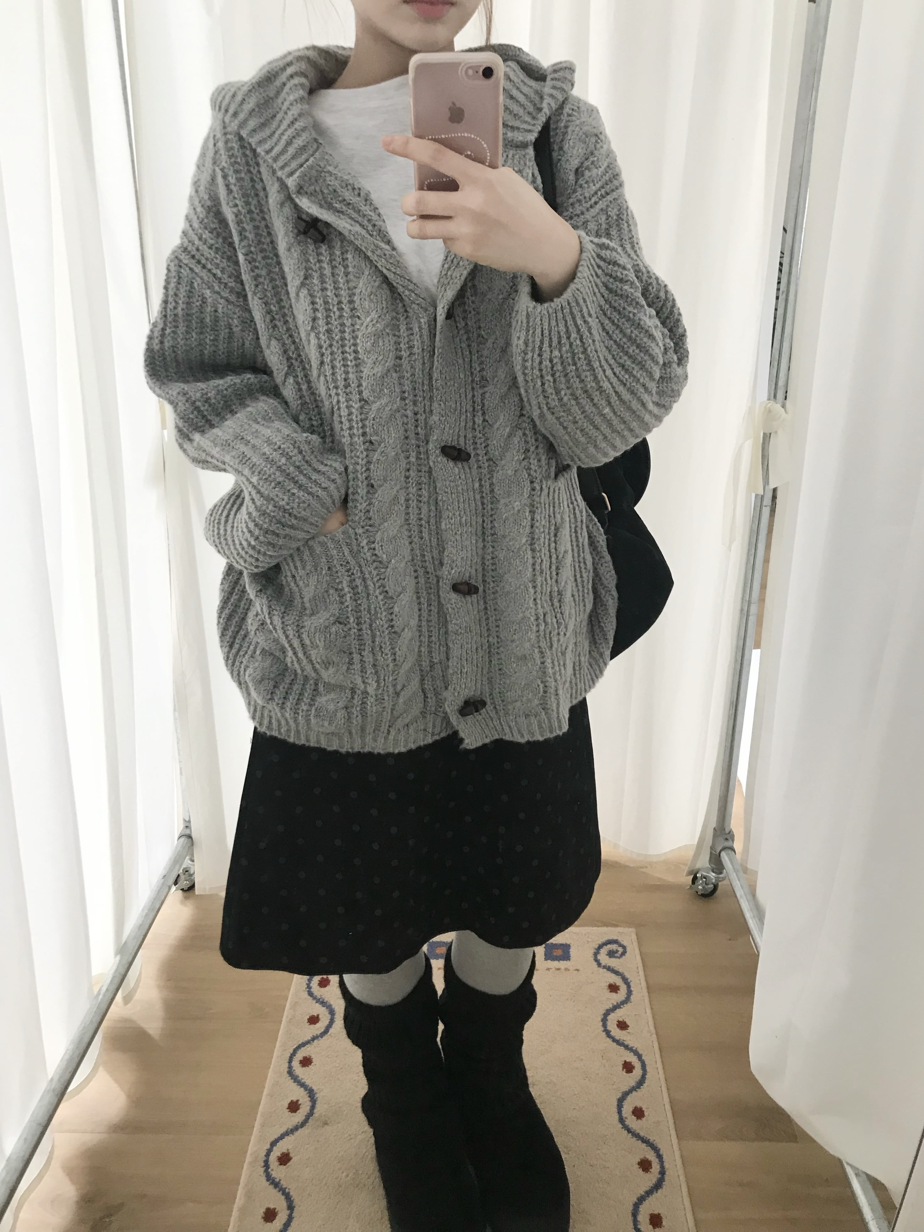 Women's Gray Hooded Button Knit Sweater Jacket