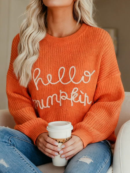 Women's Long Sleeve Pumpkin Letter Jacquard Round Neck Sweater