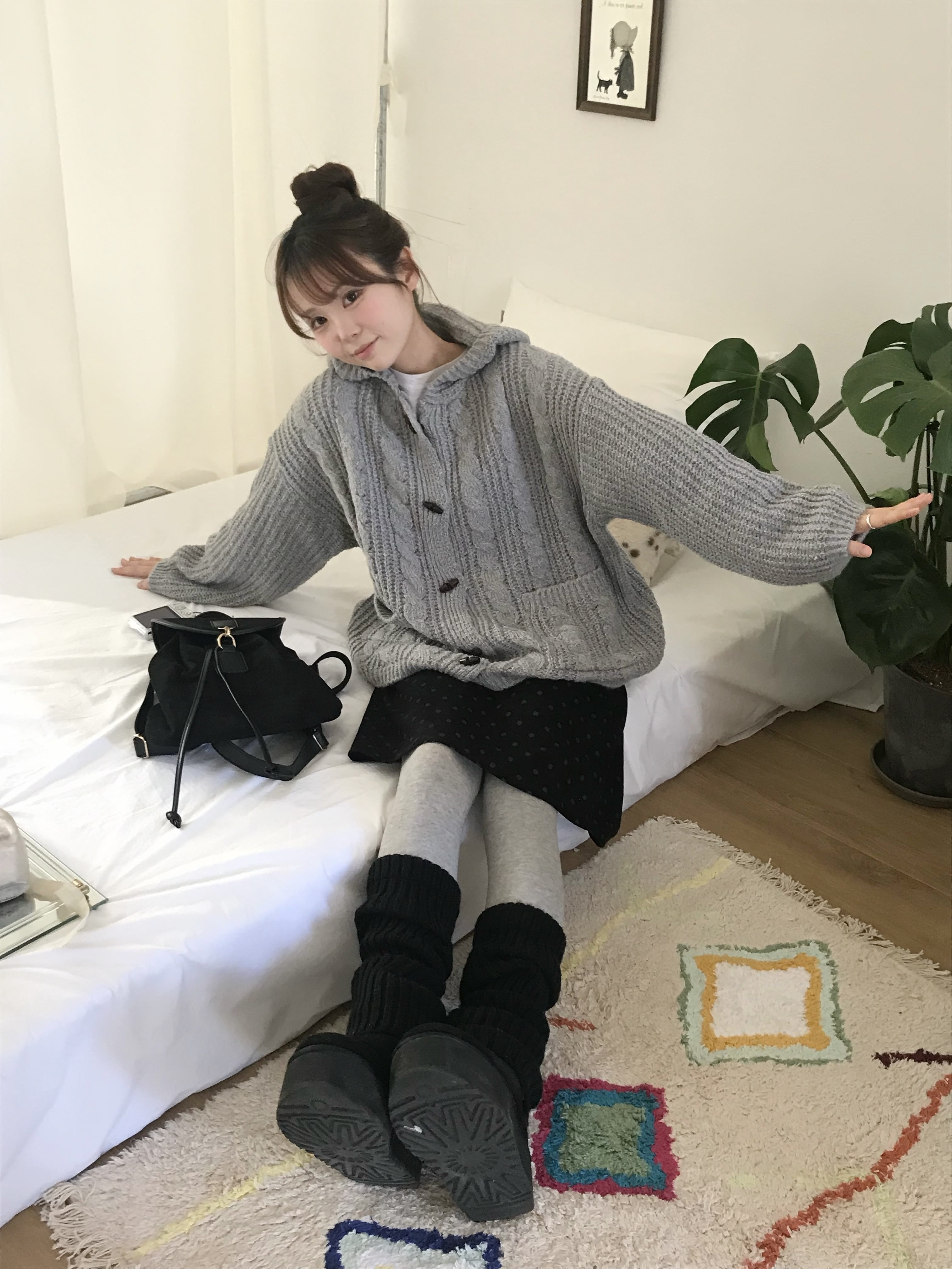 Women's Gray Hooded Button Knit Sweater Jacket