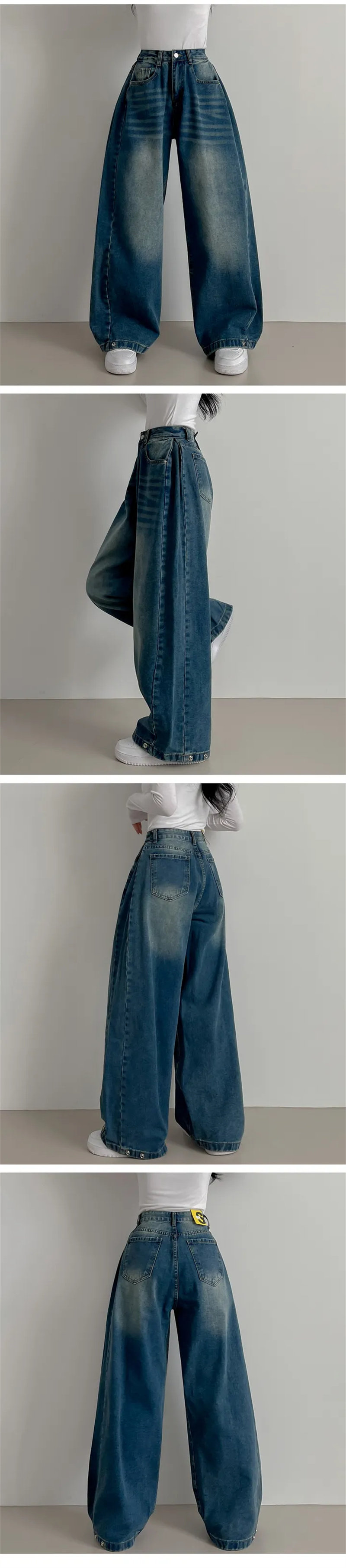 Vintage Washed Wide Leg Jeans with Ankle Button Detail