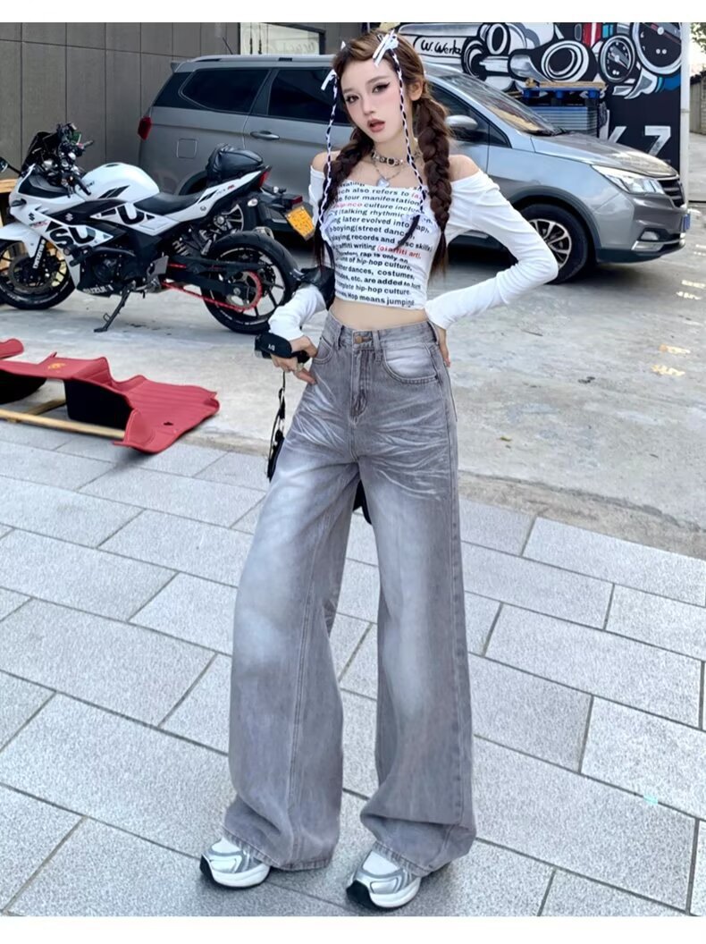 American Retro Loose Fit Wide Leg Denim Pants for Women