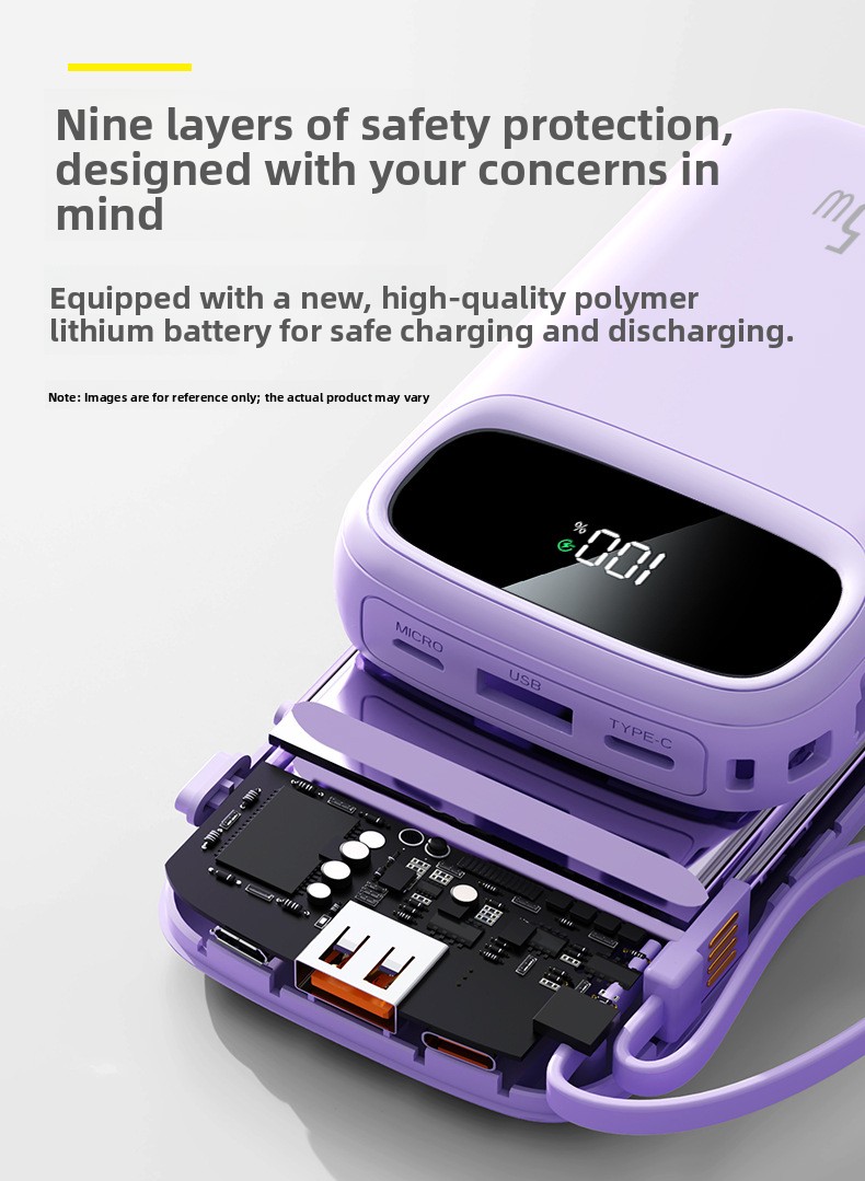 Large-capacity, compact power bank with built-in cable