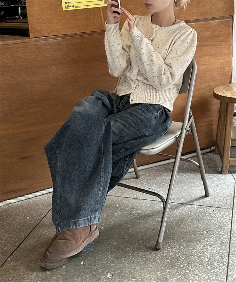 Women?s Retro Washed Wide-Leg Buttoned Hem Denim Jeans