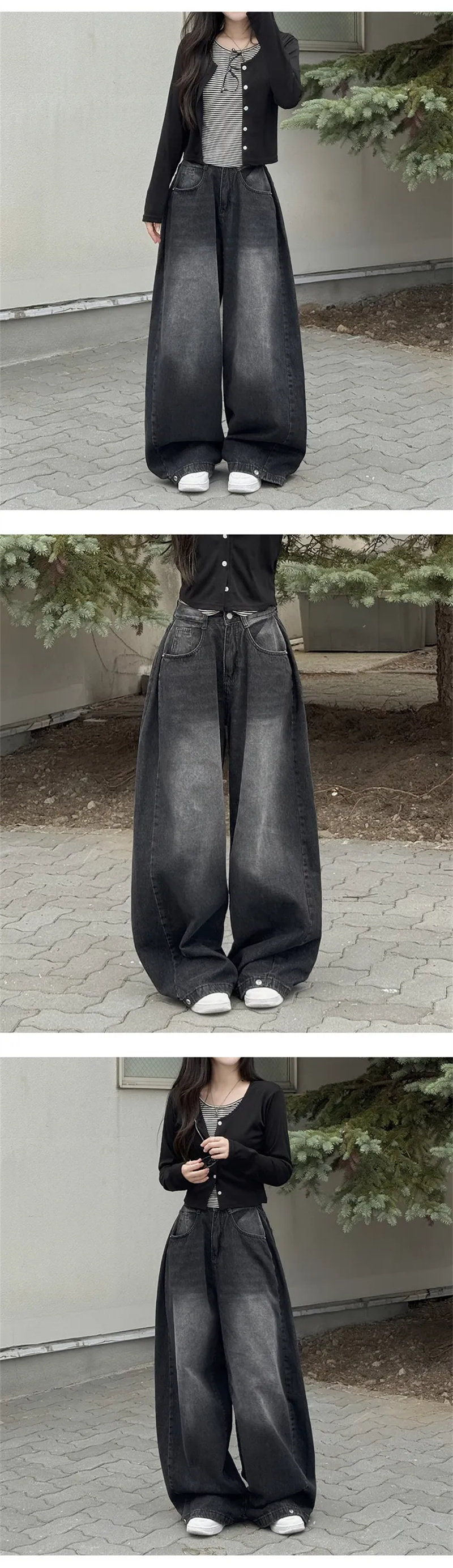 Vintage Washed Wide Leg Jeans with Ankle Button Detail