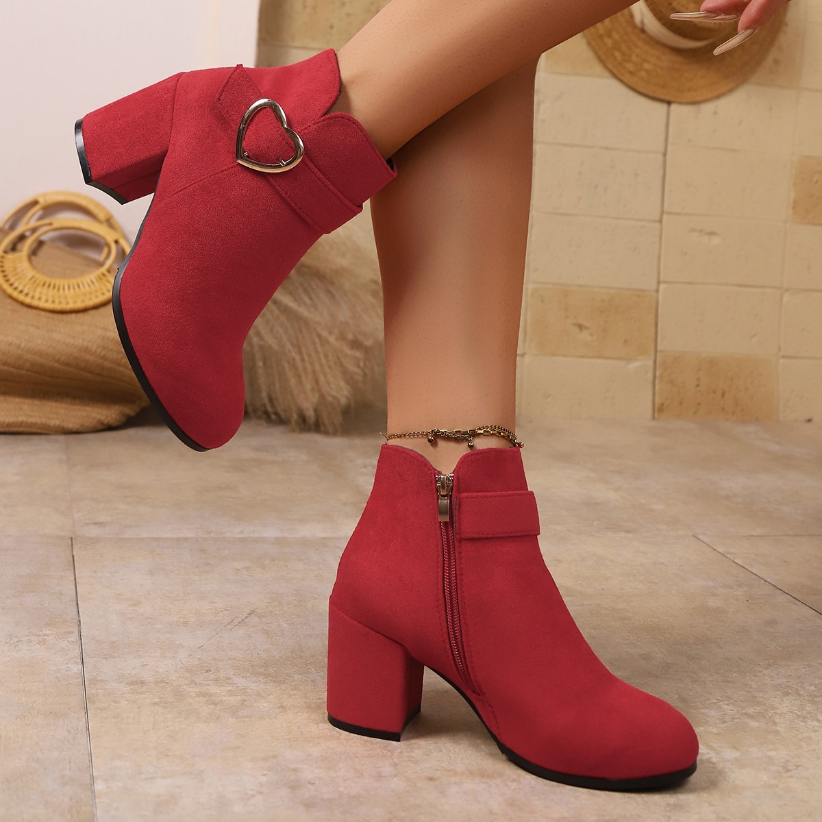 Women's Suede Thick Heel Boots with Metal Buckle and Side Zipper