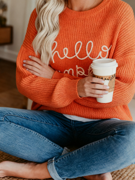 Women's Long Sleeve Pumpkin Letter Jacquard Round Neck Sweater