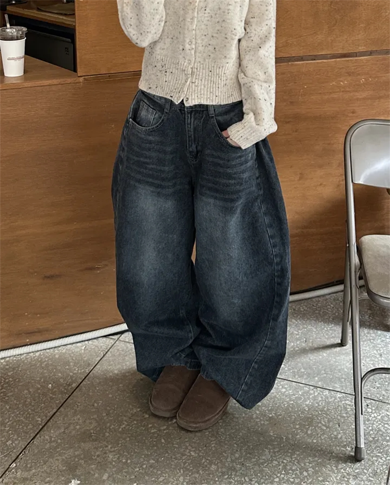 Women?s Retro Washed Wide-Leg Buttoned Hem Denim Jeans