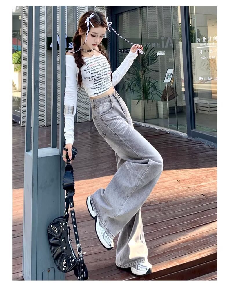 American Retro Loose Fit Wide Leg Denim Pants for Women