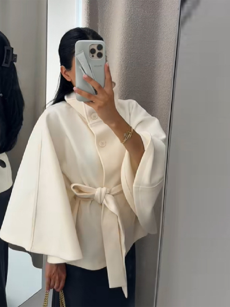 Women's Stand Collar Tie-Up Cropped Jacket Loose Fit Casual