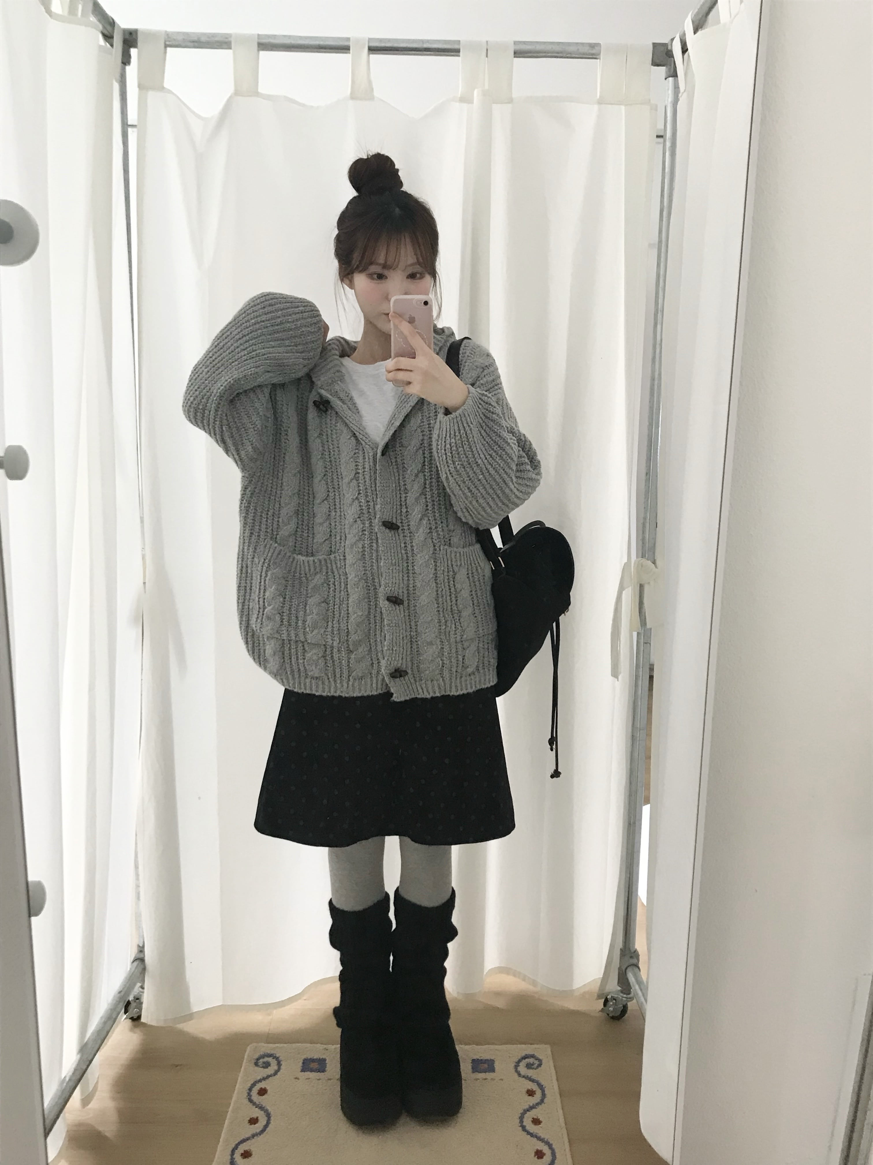 Women's Gray Hooded Button Knit Sweater Jacket