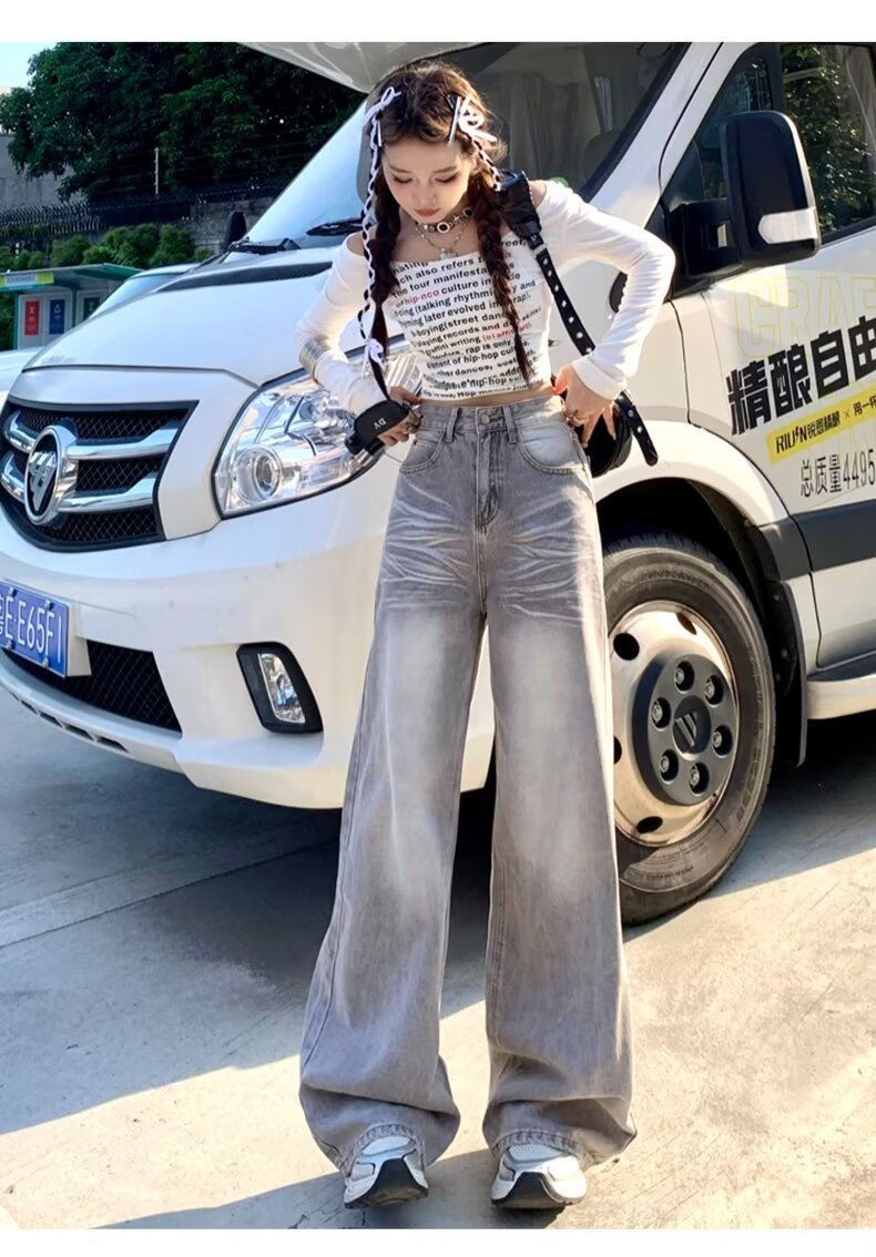 American Retro Loose Fit Wide Leg Denim Pants for Women