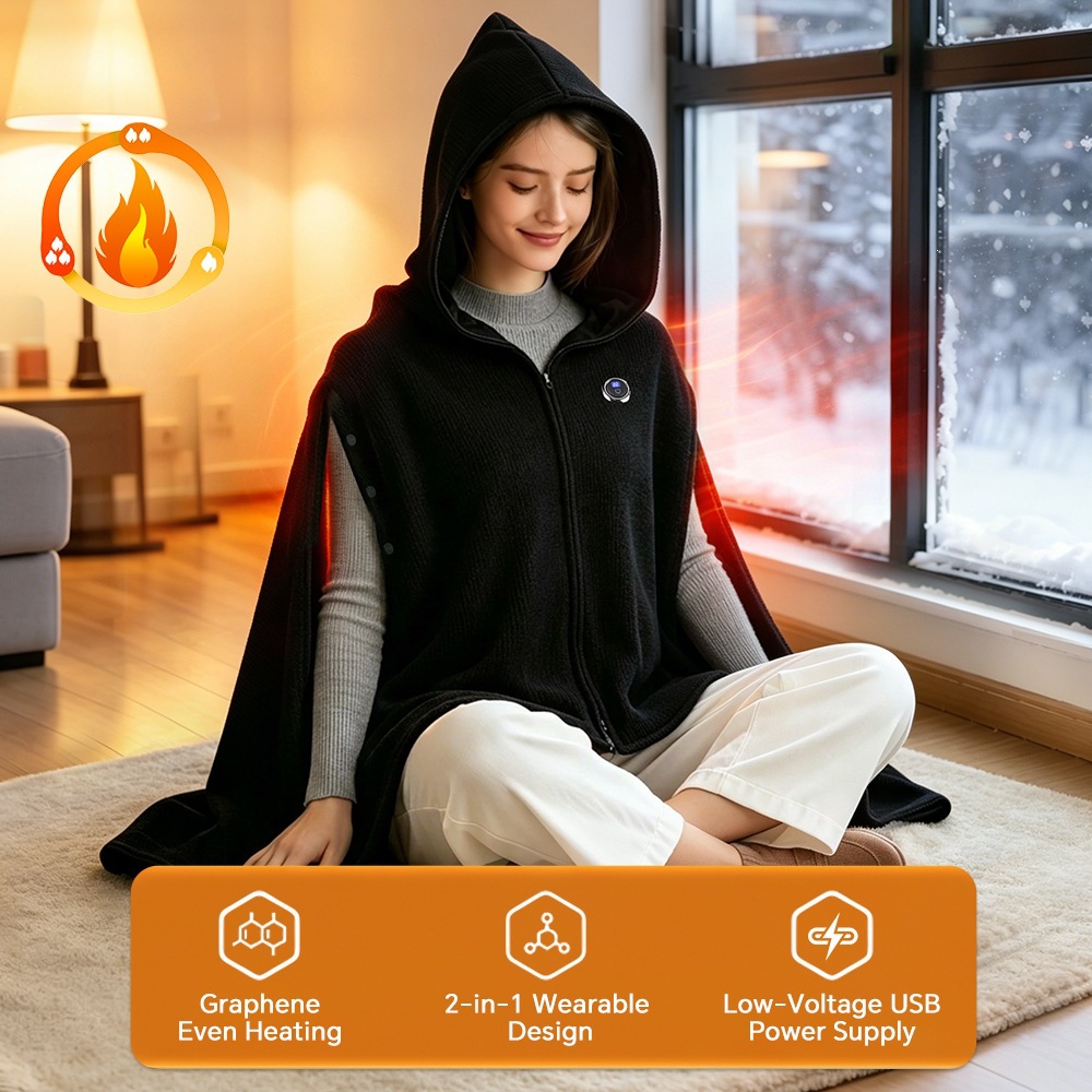 USB Graphene Heated Hooded Shawl Three-Speed Electric Wrap