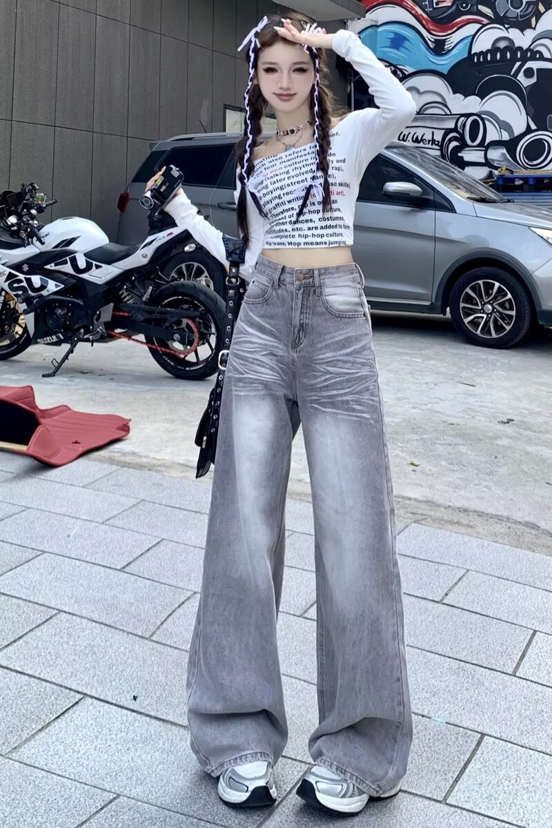 American Retro Loose Fit Wide Leg Denim Pants for Women
