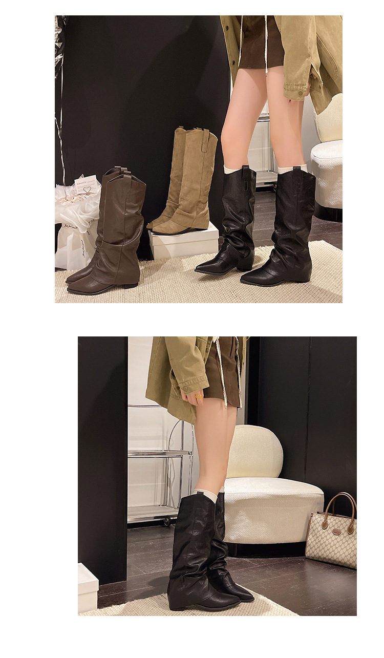 Pointed Toe Low Heel Suede Long Tube Women's Boots Khaki Black Brown