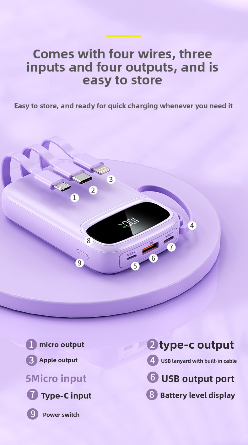 Large-capacity, compact power bank with built-in cable
