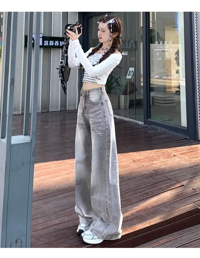 American Retro Loose Fit Wide Leg Denim Pants for Women