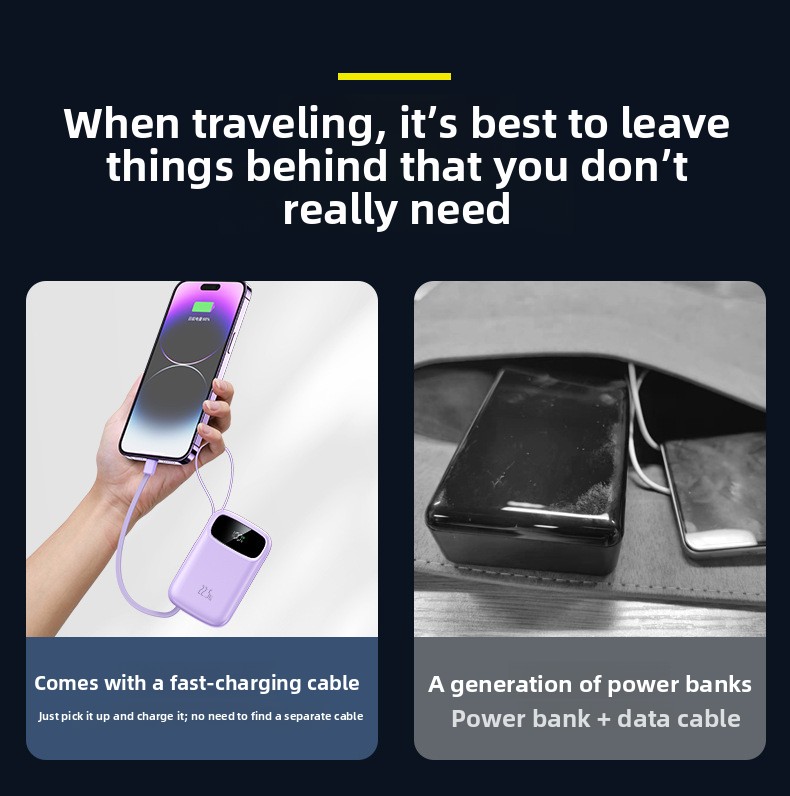 Large-capacity, compact power bank with built-in cable