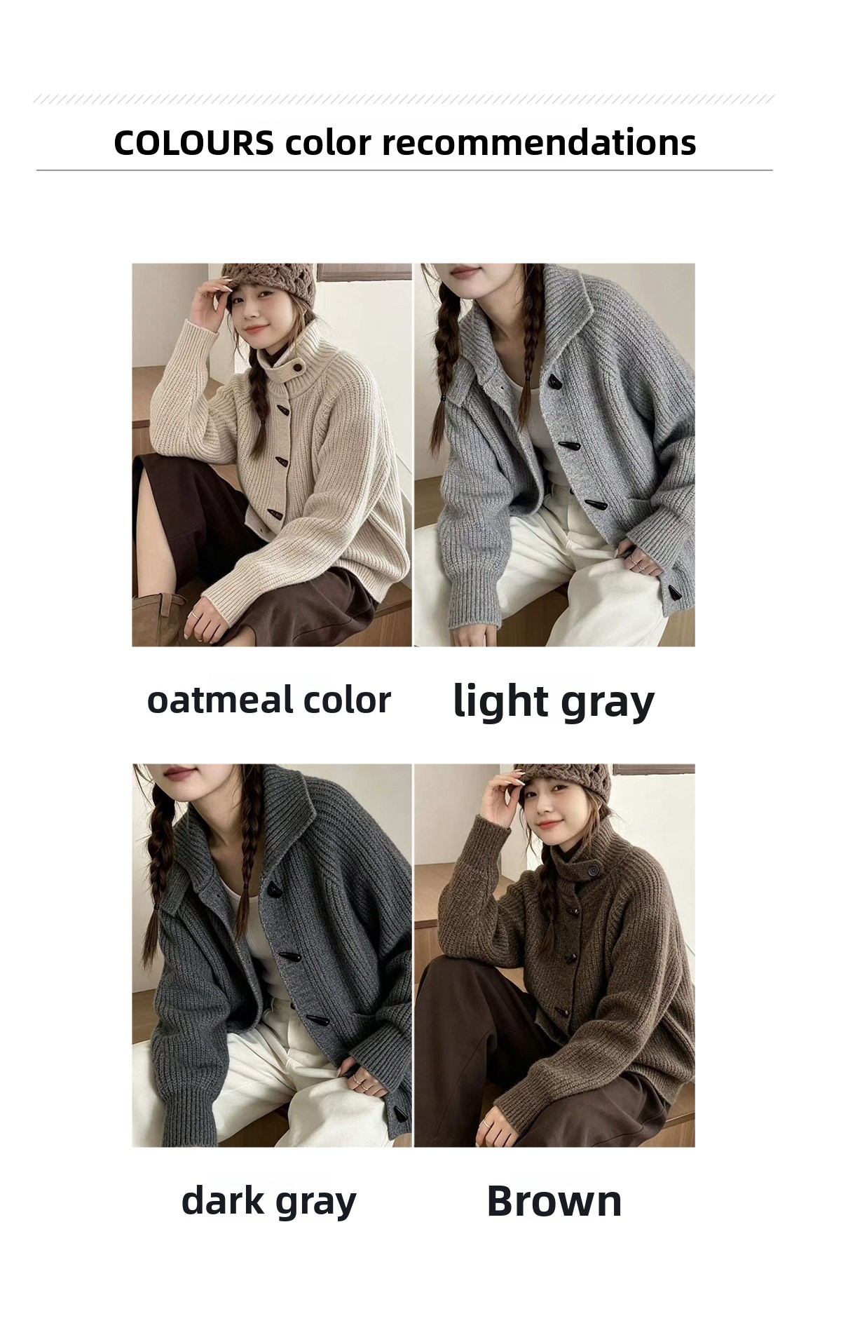Women Knitted High Collar Cardigan Horn Button Thick Sweater