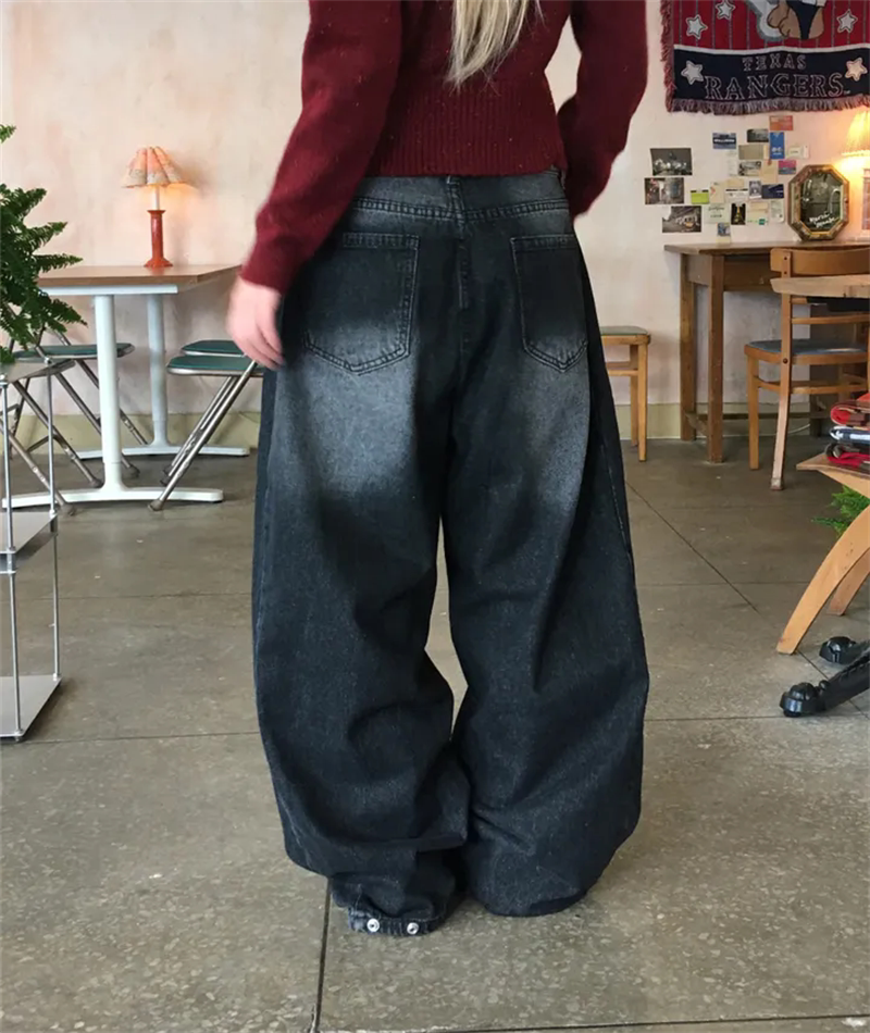 Women?s Retro Washed Wide-Leg Buttoned Hem Denim Jeans