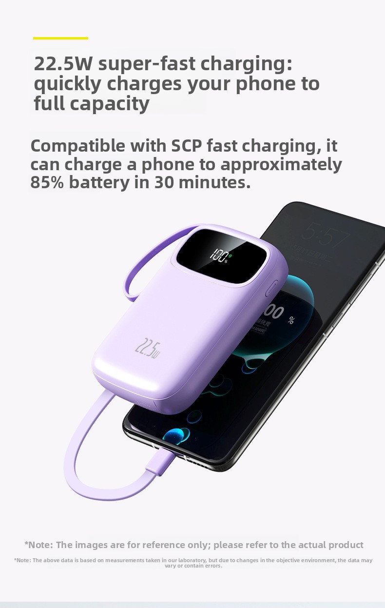 Large-capacity, compact power bank with built-in cable