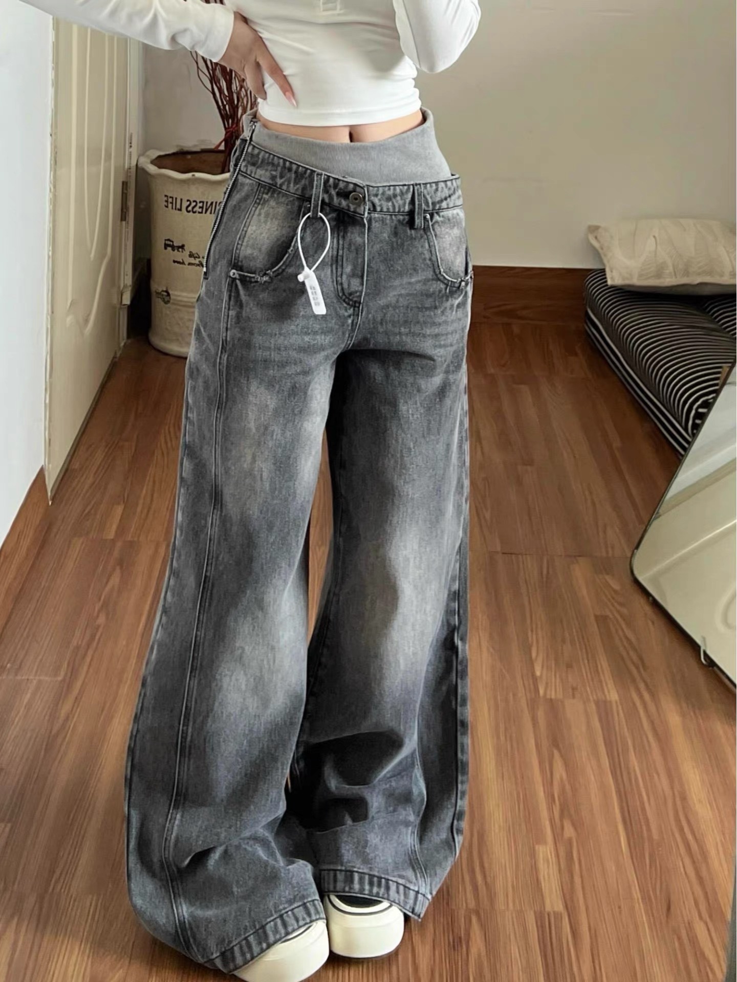 Vintage Washed Double-Waistband Wide-Leg Women's Jeans