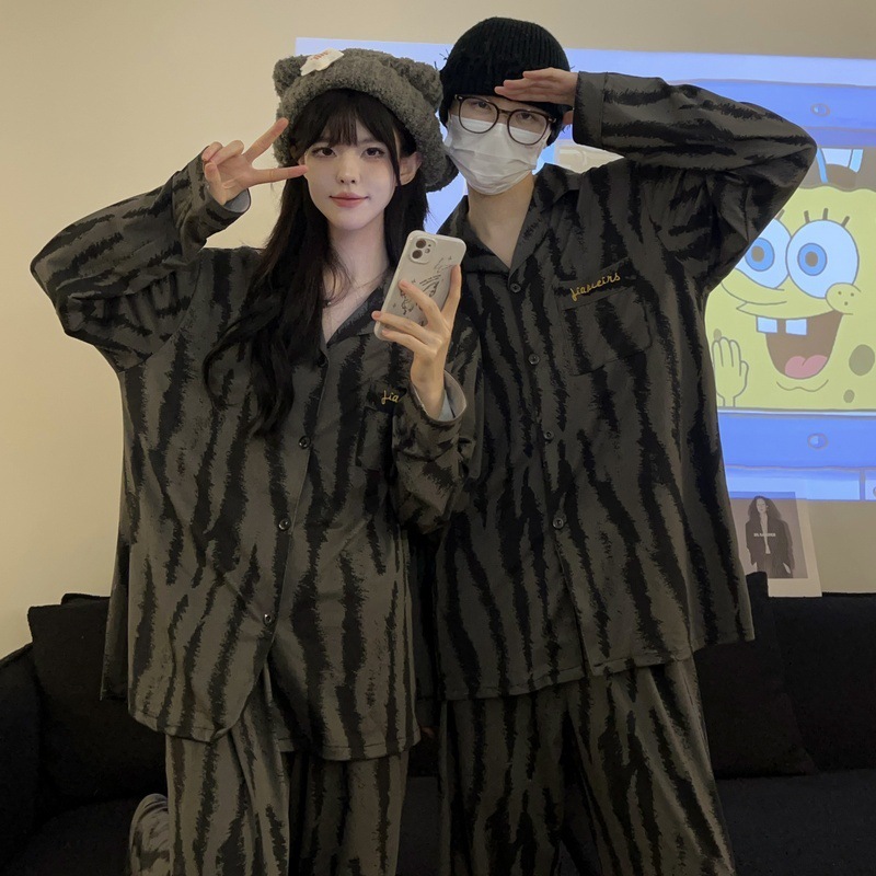 Long Sleeve Milk Silk Couple Pajama Set with Cartoon Pattern
