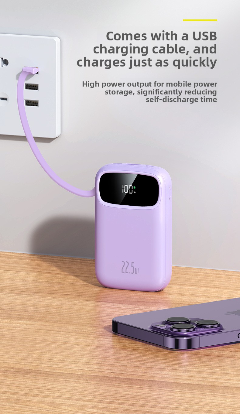 Large-capacity, compact power bank with built-in cable