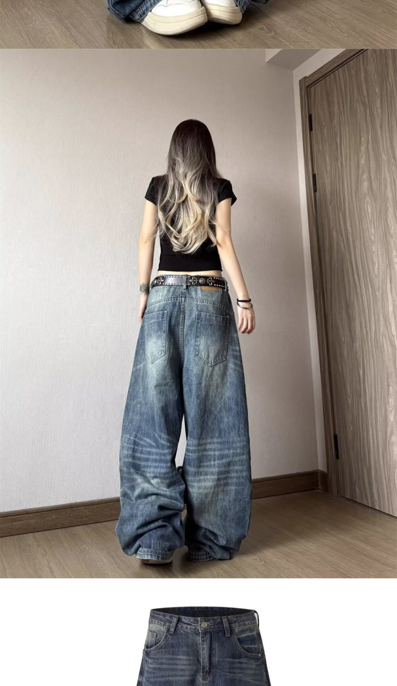 Vintage Distressed High-Waist Wide-Leg Floor-Length Denim Pants for Women