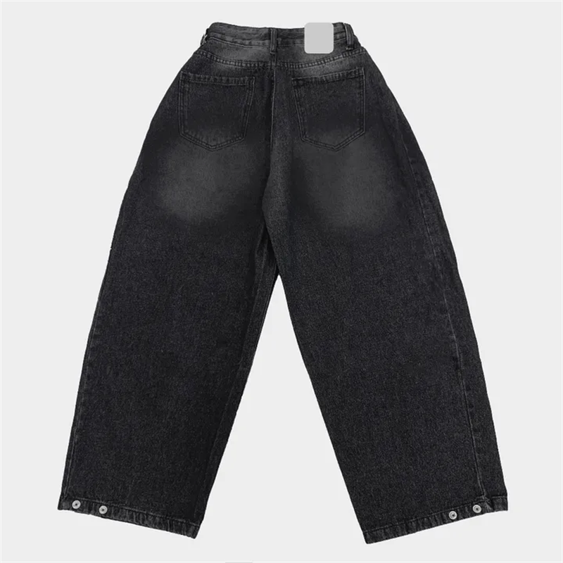 Women?s Retro Washed Wide-Leg Buttoned Hem Denim Jeans