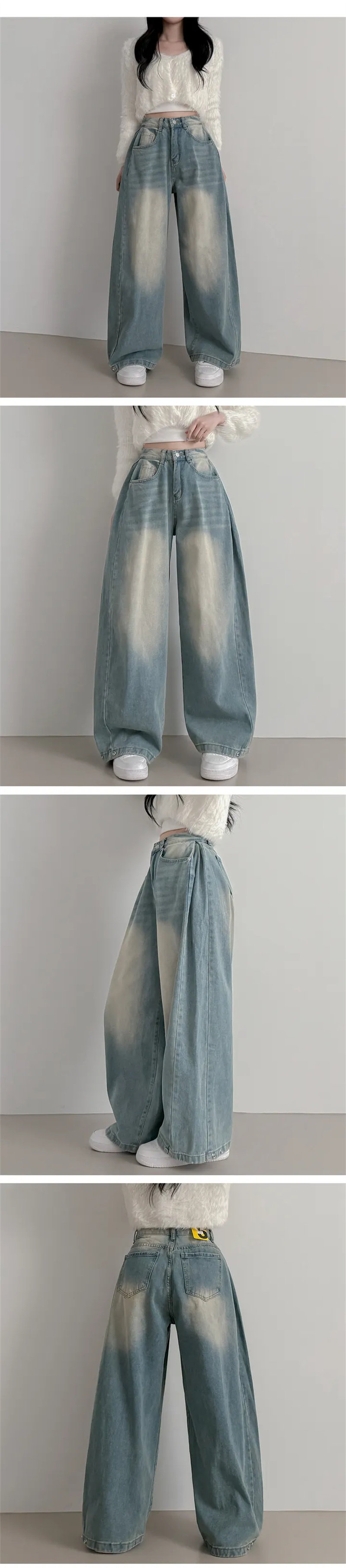 Vintage Washed Wide Leg Jeans with Ankle Button Detail