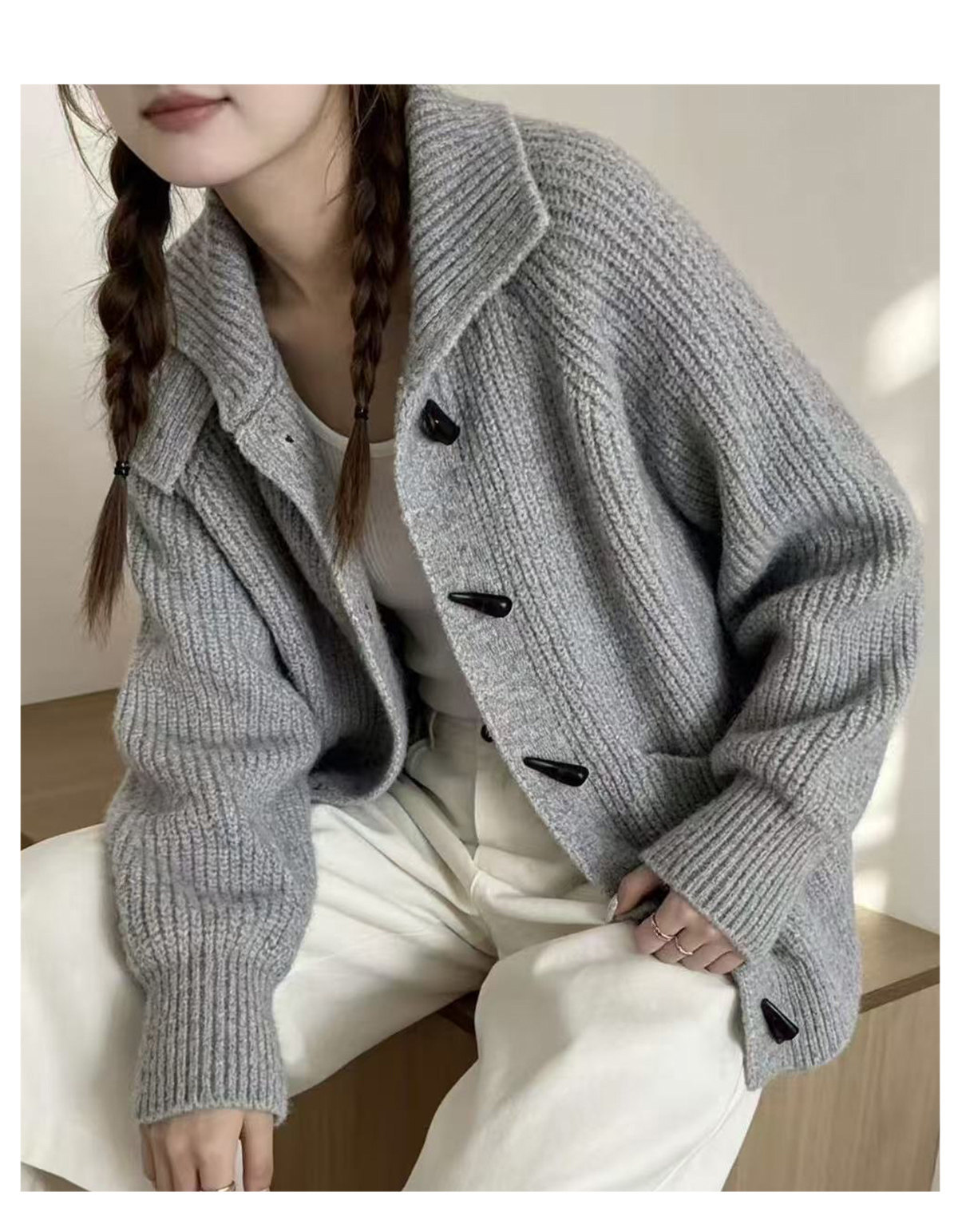 Women Knitted High Collar Cardigan Horn Button Thick Sweater