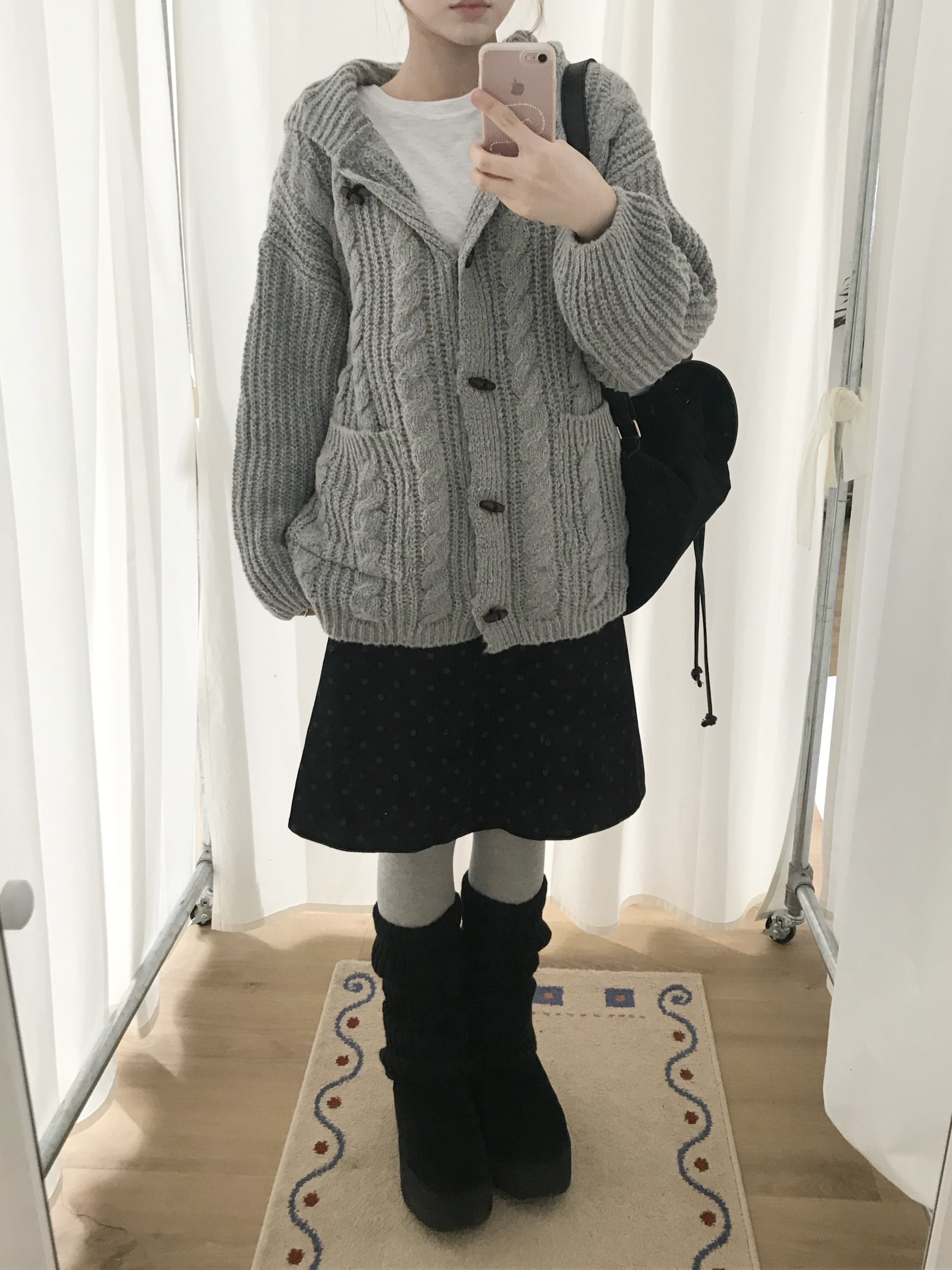 Women's Gray Hooded Button Knit Sweater Jacket